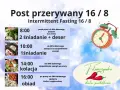 Zasady postu przerywanego 16/8: 8:00 drugie śniadanie, 10:00 pierwsze śniadanie, 14:00 kolacja, 16:00 obiad.