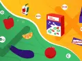 Porównanie zdrowej żywności (woda, owoce, warzywa) z produktami wysoko przetworzonymi (sok, chipsy, czekolada, cola) i dodatkami E.