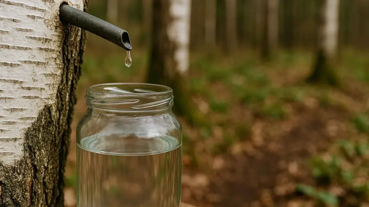Kropla czystego soku z brzozy spływa do słoika. Wiosenna natura budzi się do życia.