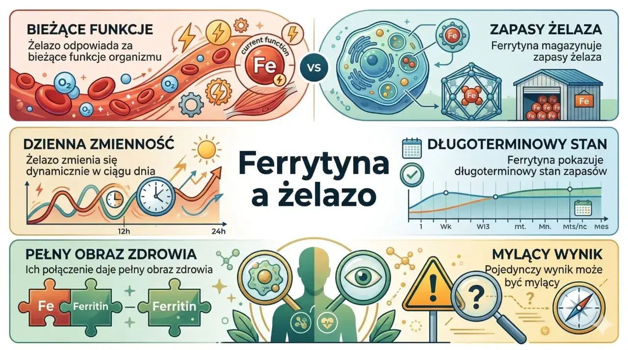 Ferrytyna co to? To białko magazynujące żelazo. Obrazek pokazuje jego rolę w bieżących funkcjach, zapasach i długoterminowym stanie organizmu.