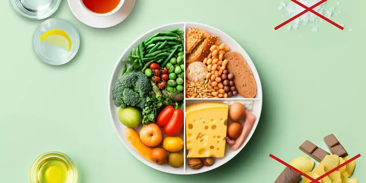 Zdrowa dieta: warzywa, owoce, białko, węglowodany. Unikaj soli, słodyczy i przetworzonej żywności. Różnorodne grupy produktów spożywczych to klucz do zdrowia.