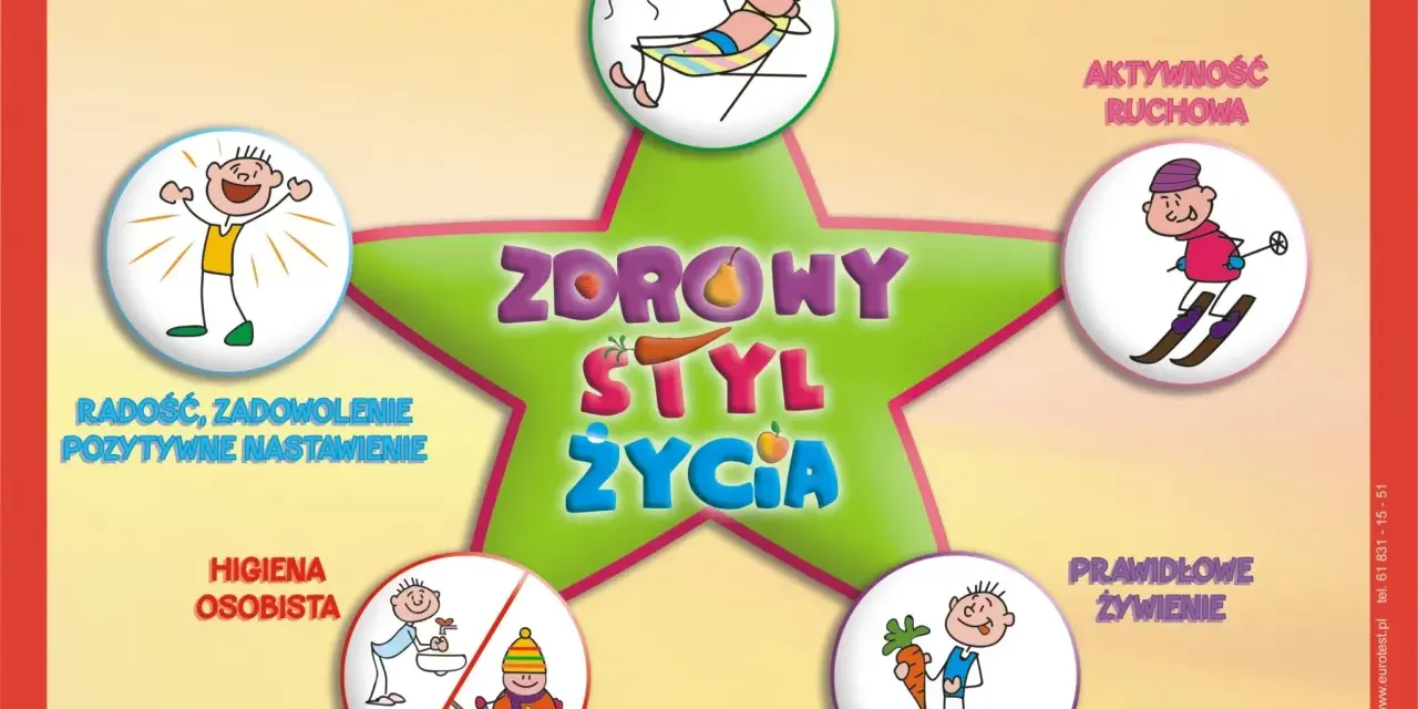 Grafika ilustruje elementy zdrowego stylu życia: wypoczynek, aktywność, radość, higienę, odpowiedni ubiór i prawidłowe żywienie.