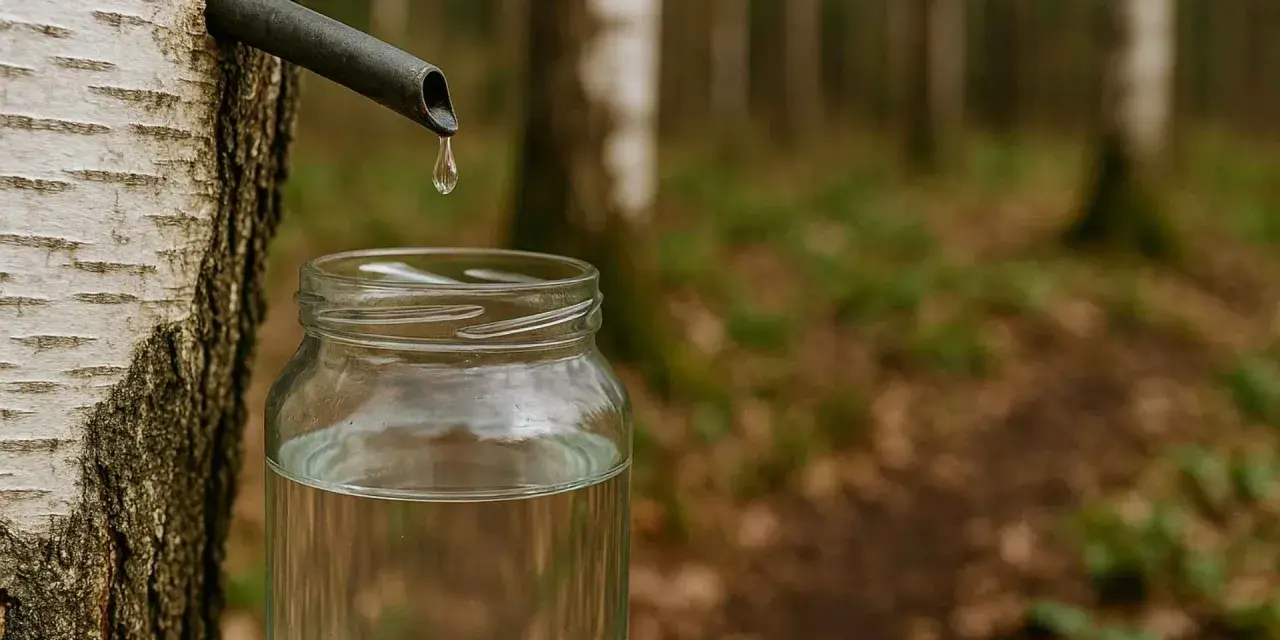 Kropla czystego soku z brzozy spływa do słoika. Wiosenna natura budzi się do życia.