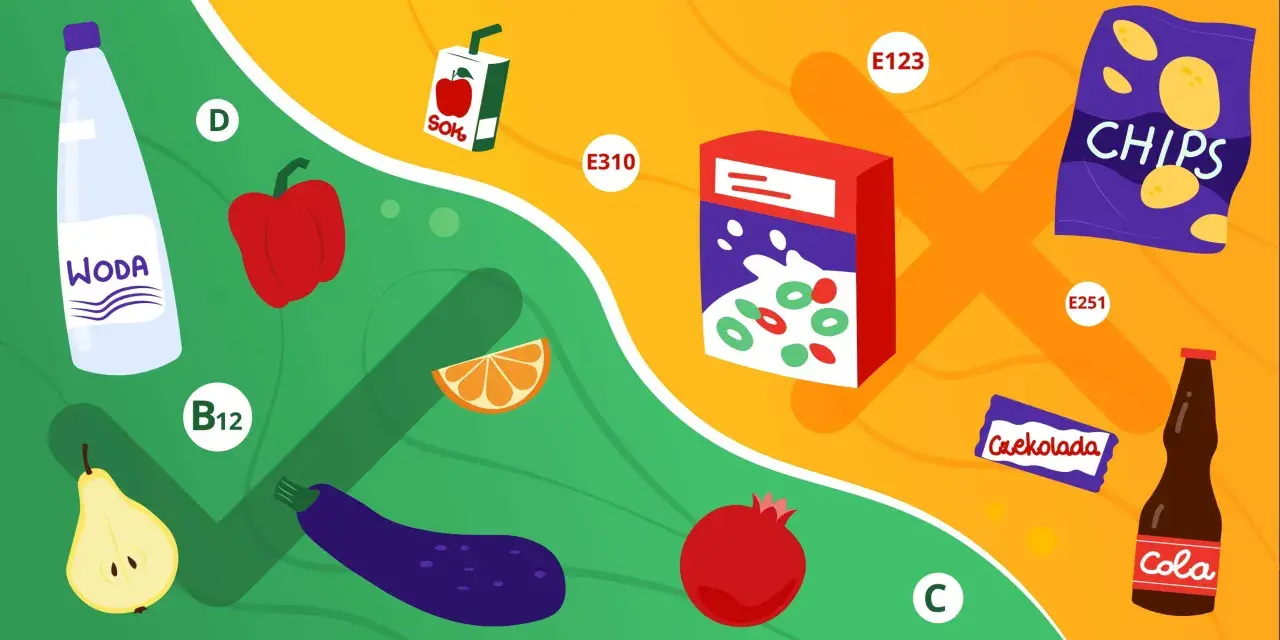 Porównanie zdrowej żywności (woda, owoce, warzywa) z produktami wysoko przetworzonymi (sok, chipsy, czekolada, cola) i dodatkami E.