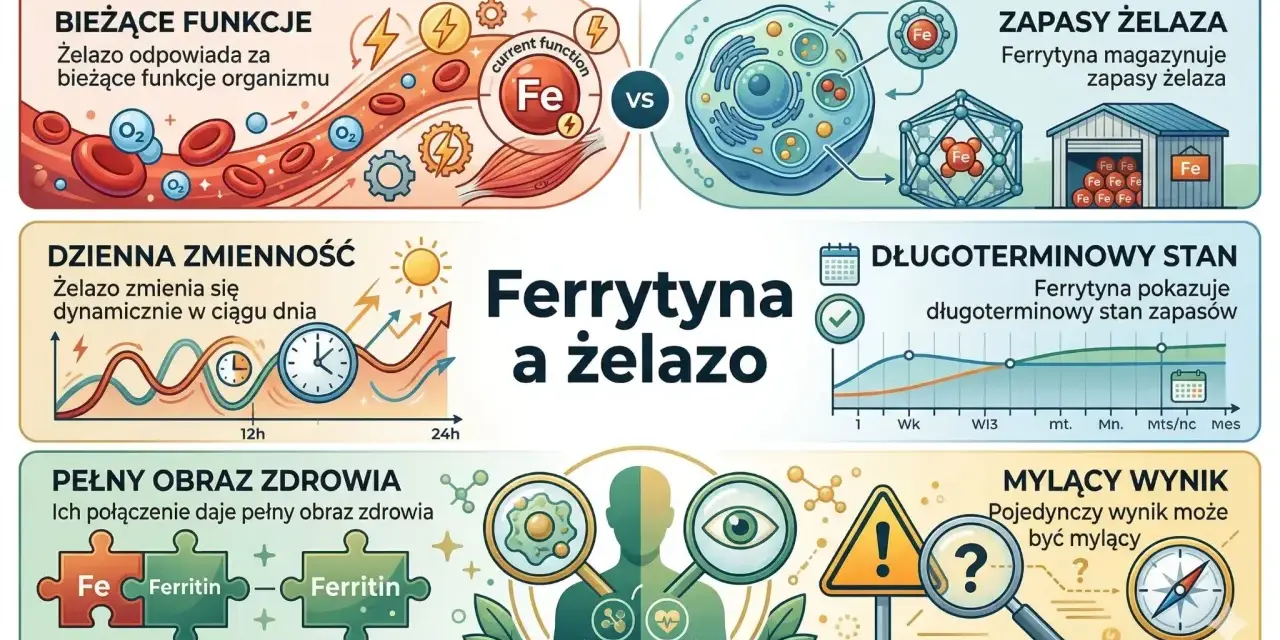Ferrytyna co to? To białko magazynujące żelazo. Obrazek pokazuje jego rolę w bieżących funkcjach, zapasach i długoterminowym stanie organizmu.