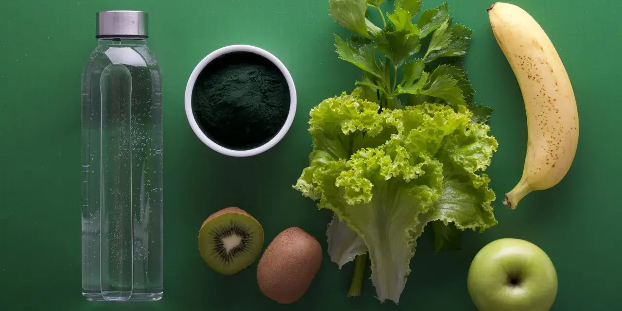 Składniki na japońską dietę wodną: butelka wody, spirulina, kiwi, sałata, seler, banan i jabłko.
