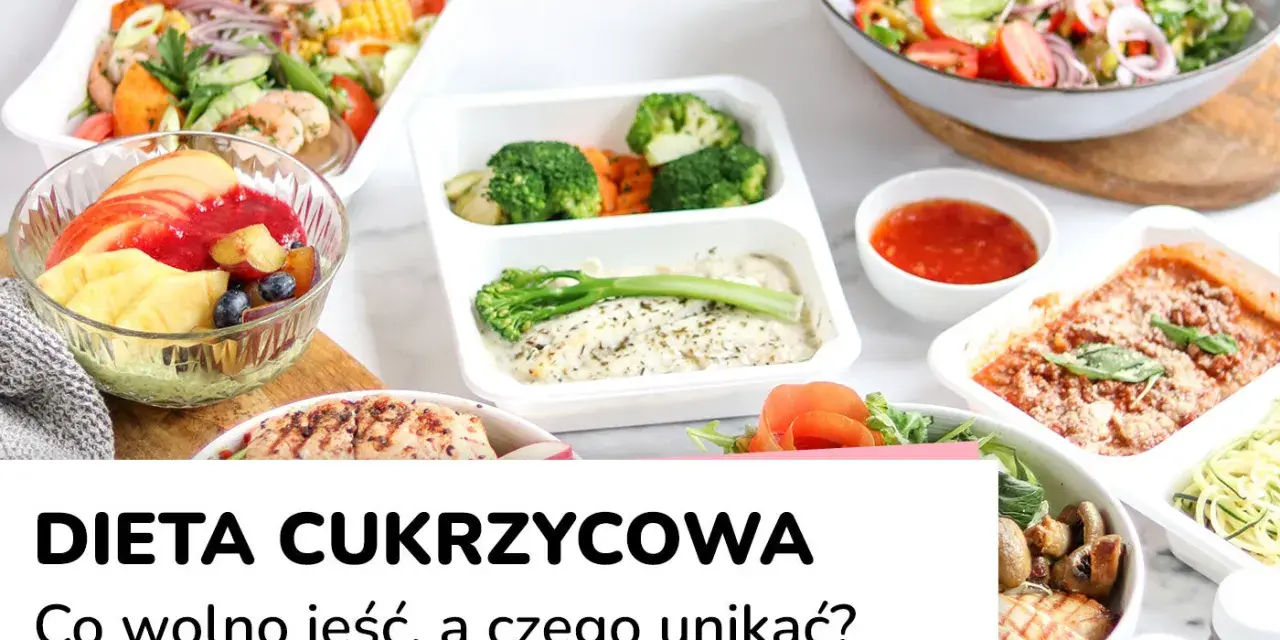 Zdrowe posiłki na talerzach: sałatka z krewetkami, owoce, kurczak z warzywami i zapiekanka. Idealne menu dla cukrzyka.