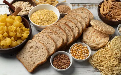 W czym są węglowodany? Na stole leżą płatki owsiane, makarony, pieczywo, ryż, soczewica i kukurydza.