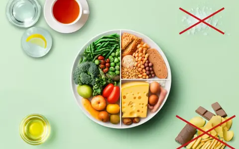Zdrowa dieta: warzywa, owoce, białko, węglowodany. Unikaj soli, słodyczy i przetworzonej żywności. Różnorodne grupy produktów spożywczych to klucz do zdrowia.