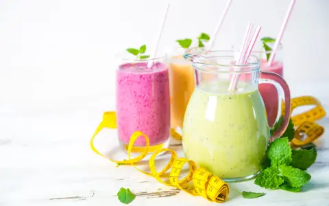 Kolorowe smoothie odchudzające przepisy w dzbanku i szklankach, ozdobione miętą i taśmą mierniczą.
