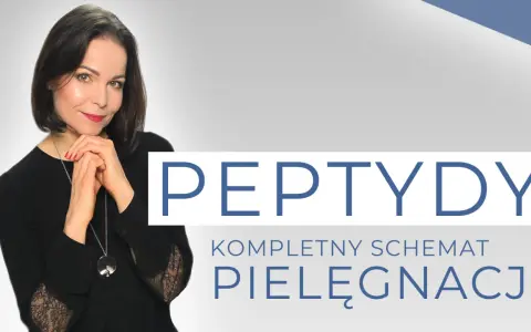 Kobieta z dłońmi pod brodą, obok napis "PEPTYDY KOMPLETNY SCHEMAT PIELĘGNACJI". Dowiedz się, peptydy co to.