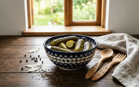 Miseczka kiszonych ogórków na drewnianym stole, obok przyprawy i drewniane sztućce. Czy ogórek kiszony zbija cukier?