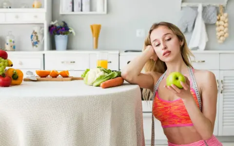 Młoda kobieta z miarką krawiecką na szyi trzyma jabłko, rozważając dietę 1100 kcal. Na stole warzywa i owoce.