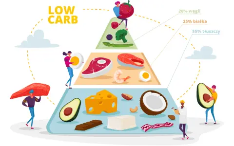 Piramide żywieniowa low carb: ryby, mięso, jajka, ser, awokado, orzechy, kokos, czekolada. To dieta, co ma dużo białka a mało węglowodanów.