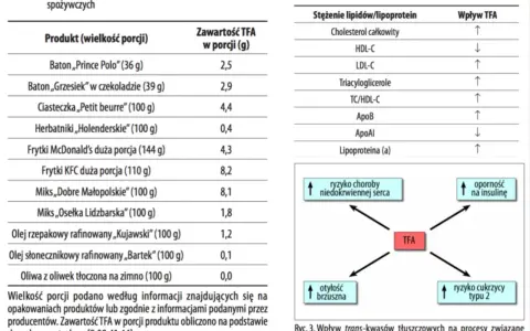Tabela 1 pokazuje zawartość tłuszczów trans (TFA) w produktach spożywczych, np. frytkach KFC (8,2g/110g).