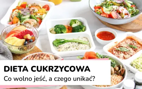Zdrowe posiłki na talerzach: sałatka z krewetkami, owoce, kurczak z warzywami i zapiekanka. Idealne menu dla cukrzyka.