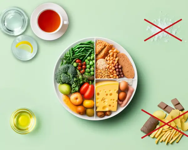 Zdrowa dieta: warzywa, owoce, białko, węglowodany. Unikaj soli, słodyczy i przetworzonej żywności. Różnorodne grupy produktów spożywczych to klucz do zdrowia.