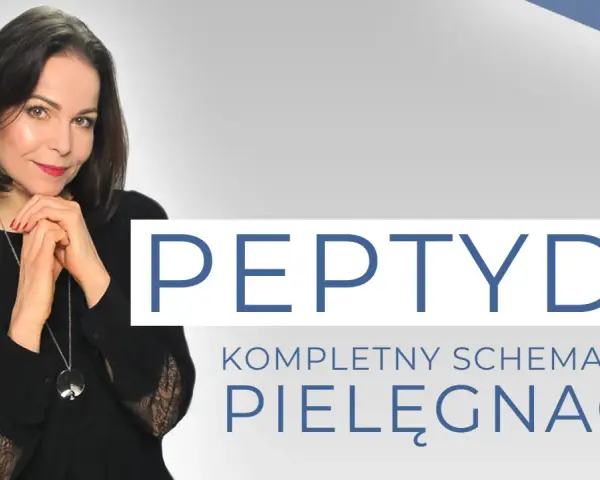 Kobieta z dłońmi pod brodą, obok napis "PEPTYDY KOMPLETNY SCHEMAT PIELĘGNACJI". Dowiedz się, peptydy co to.