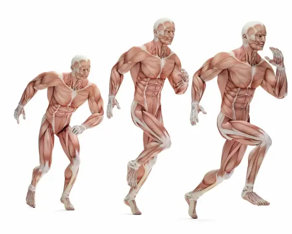 Trzy modele anatomiczne ukazujące różne typy budowy ciała w ruchu.