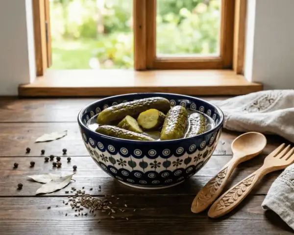 Miseczka kiszonych ogórków na drewnianym stole, obok przyprawy i drewniane sztućce. Czy ogórek kiszony zbija cukier?