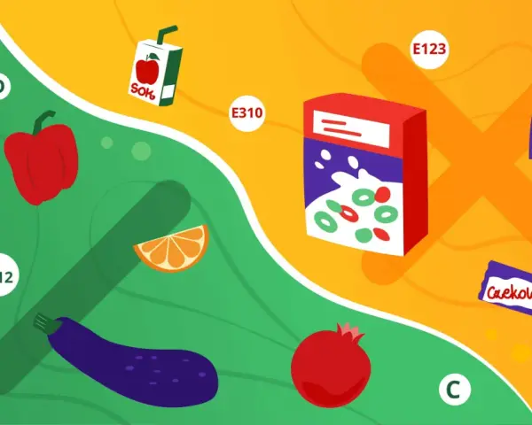 Porównanie zdrowej żywności (woda, owoce, warzywa) z produktami wysoko przetworzonymi (sok, chipsy, czekolada, cola) i dodatkami E.