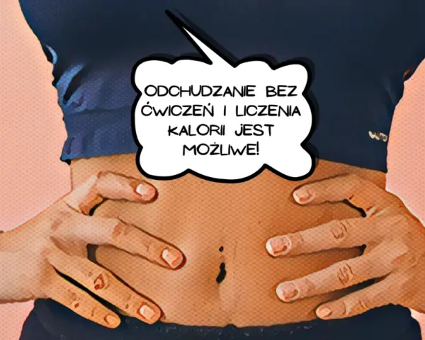 Osoba z tatuażem na ręce pokazuje brzuch. Dymek głosi: "Odchudzanie bez ćwiczeń i liczenia kalorii jest możliwe!".