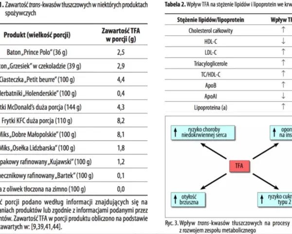Tabela 1 pokazuje zawartość tłuszczów trans (TFA) w produktach spożywczych, np. frytkach KFC (8,2g/110g).
