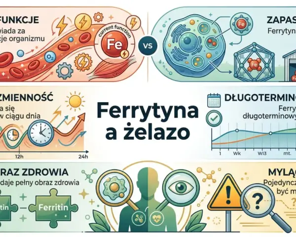Ferrytyna co to? To białko magazynujące żelazo. Obrazek pokazuje jego rolę w bieżących funkcjach, zapasach i długoterminowym stanie organizmu.
