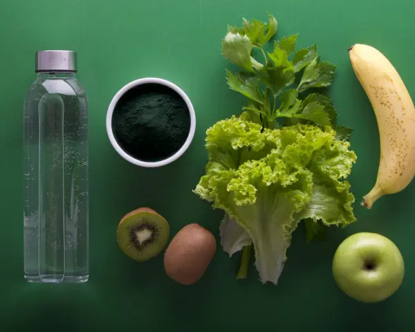 Składniki na japońską dietę wodną: butelka wody, spirulina, kiwi, sałata, seler, banan i jabłko.
