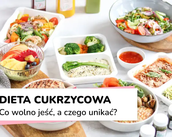 Zdrowe posiłki na talerzach: sałatka z krewetkami, owoce, kurczak z warzywami i zapiekanka. Idealne menu dla cukrzyka.