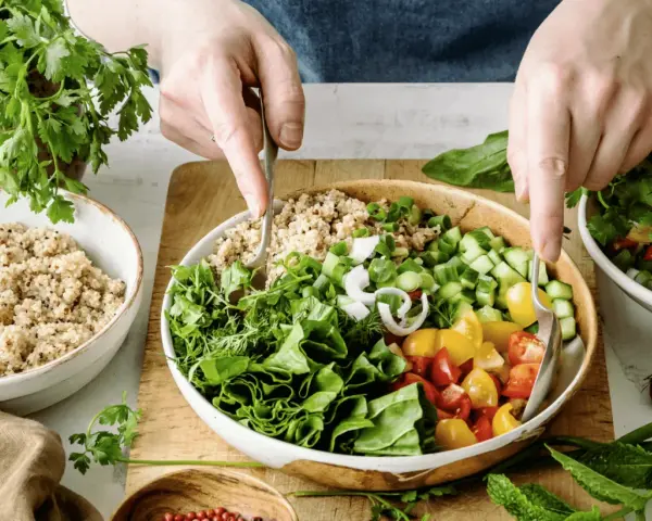 Kolorowa sałatka z komosą ryżową, warzywami i ziołami. Idealna na dietę bez mięsa.