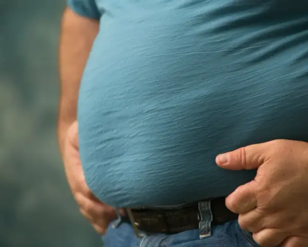 Mężczyzna z widocznym brzuchem, symbolizującym problemy zdrowotne, takie jak zespół metaboliczny. Dieta jest kluczowa w walce z tym schorzeniem.