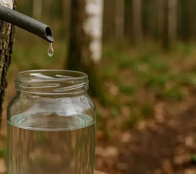 Kropla czystego soku z brzozy spływa do słoika. Wiosenna natura budzi się do życia.