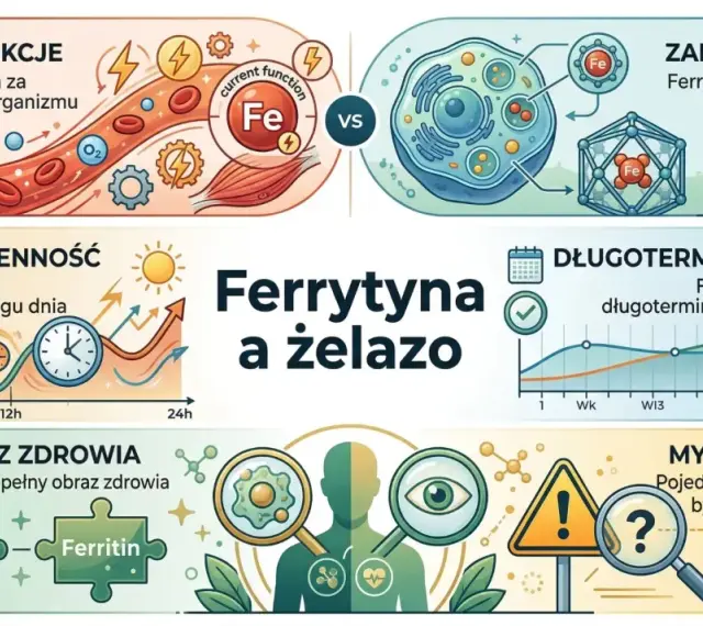 Ferrytyna co to? To białko magazynujące żelazo. Obrazek pokazuje jego rolę w bieżących funkcjach, zapasach i długoterminowym stanie organizmu.