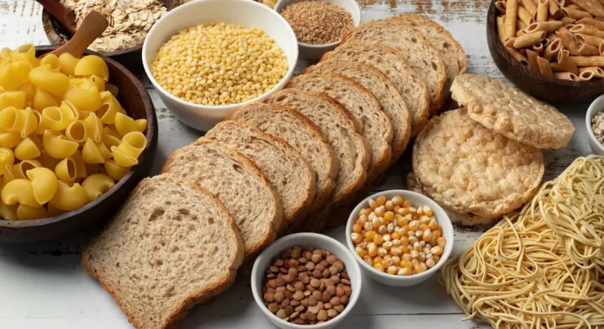 W czym są węglowodany? Na stole leżą płatki owsiane, makarony, pieczywo, ryż, soczewica i kukurydza.