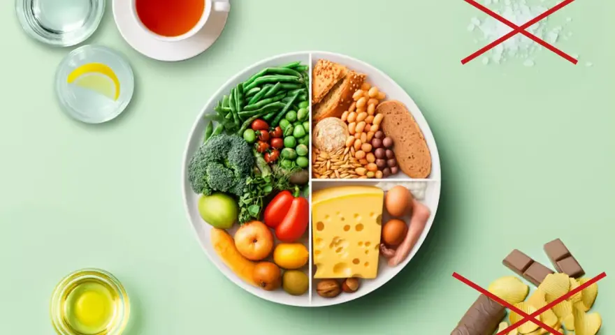 Zdrowa dieta: warzywa, owoce, białko, węglowodany. Unikaj soli, słodyczy i przetworzonej żywności. Różnorodne grupy produktów spożywczych to klucz do zdrowia.