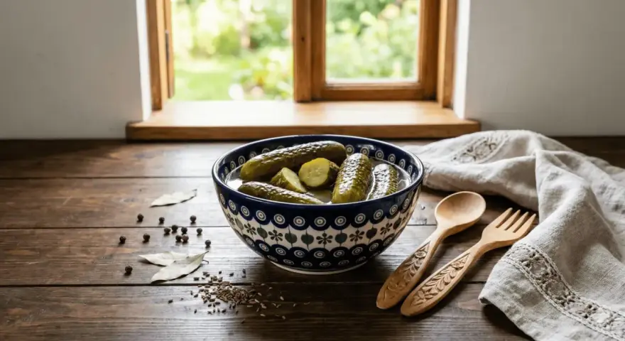 Miseczka kiszonych ogórków na drewnianym stole, obok przyprawy i drewniane sztućce. Czy ogórek kiszony zbija cukier?