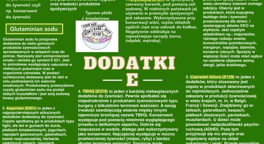 Dodatki do żywności E: glutaminian sodu, erytrozyna, benzoesan sodu, czerwień allura, TBHQ, aspartam.