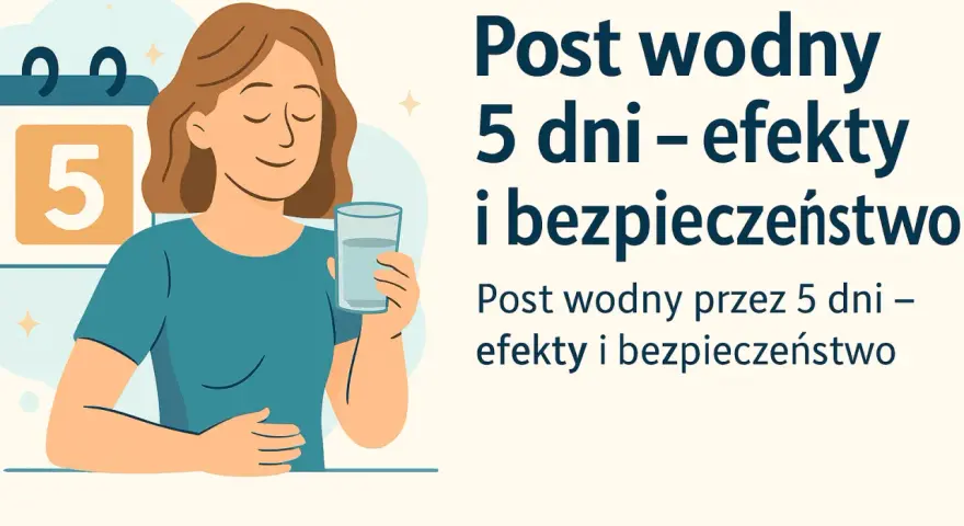Kobieta z uśmiechem trzyma szklankę wody, obok kalendarz z cyfrą 5. Post wodny 5 dni – efekty i bezpieczeństwo.