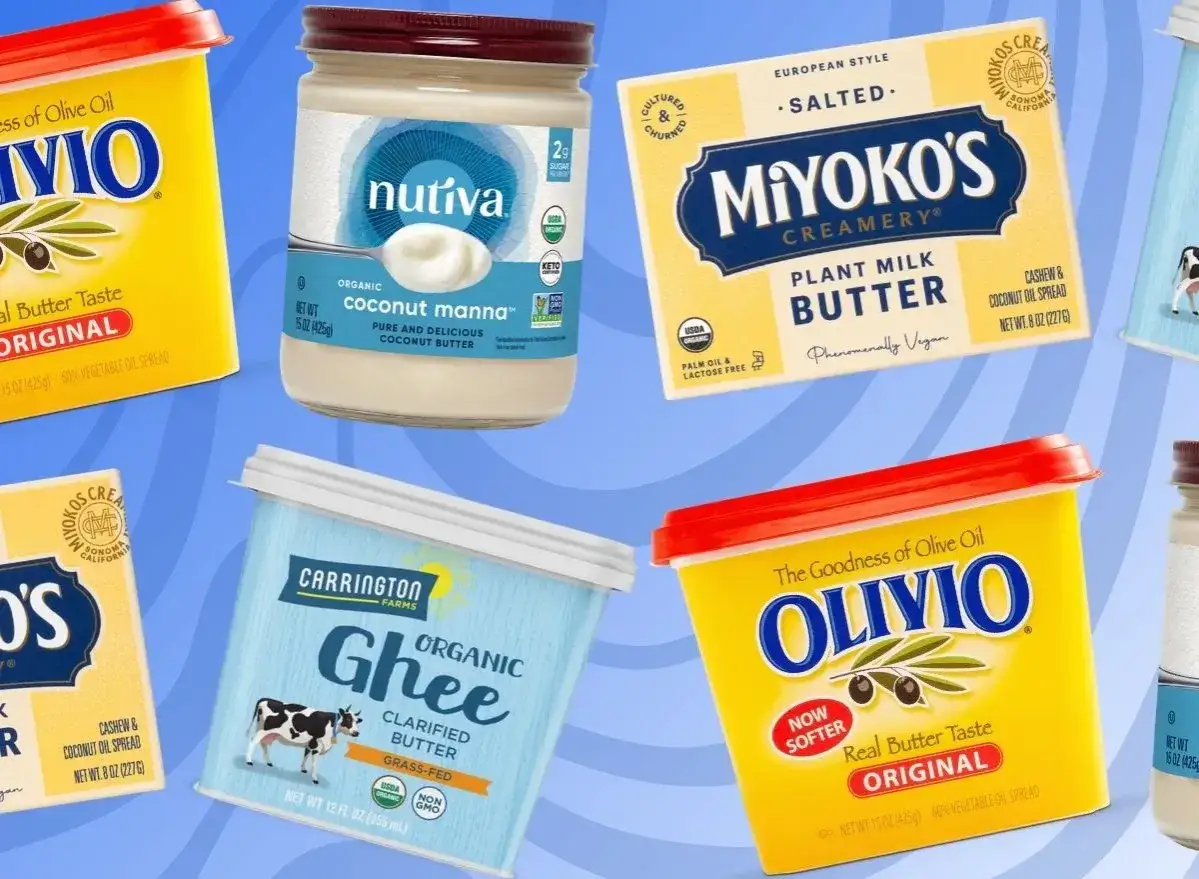Czy masło roślinne jest zdrowe? Na zdjęciu r&oacute;żne rodzaje masła: Olivio, Nutiva, Miyoko's, Carrington Farms Ghee.