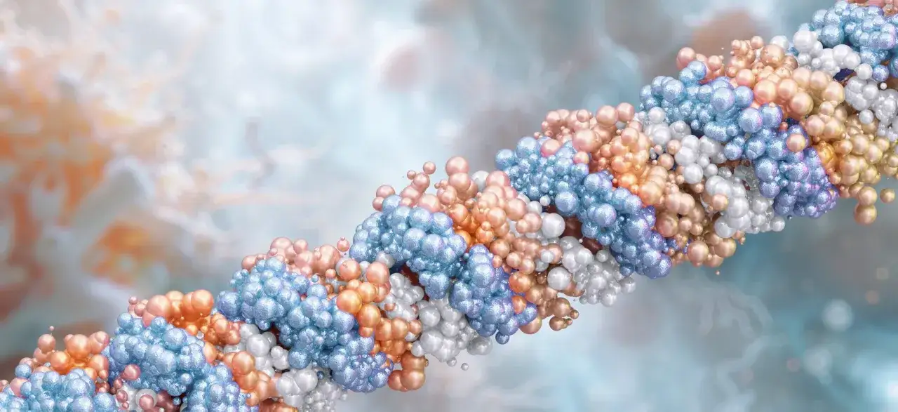 Kolorowa, spiralna struktura zbudowana z kuleczek, przypominająca DNA. To wizualizacja tego, czym są peptydy – budulcem białek.