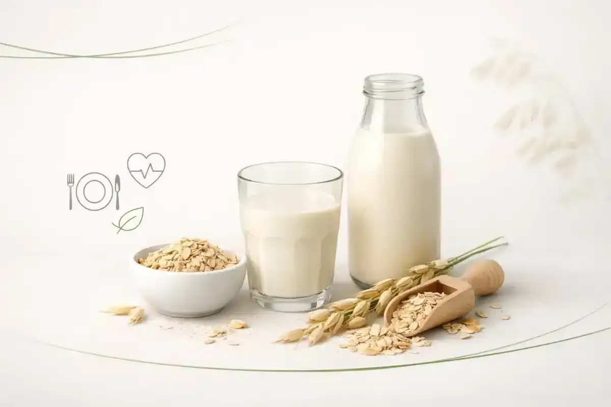 Szklanka i butelka mleka owsianego, miseczka płatków owsianych i kłosy. Czy mleko owsiane ma gluten? Zależy od procesu produkcji.
