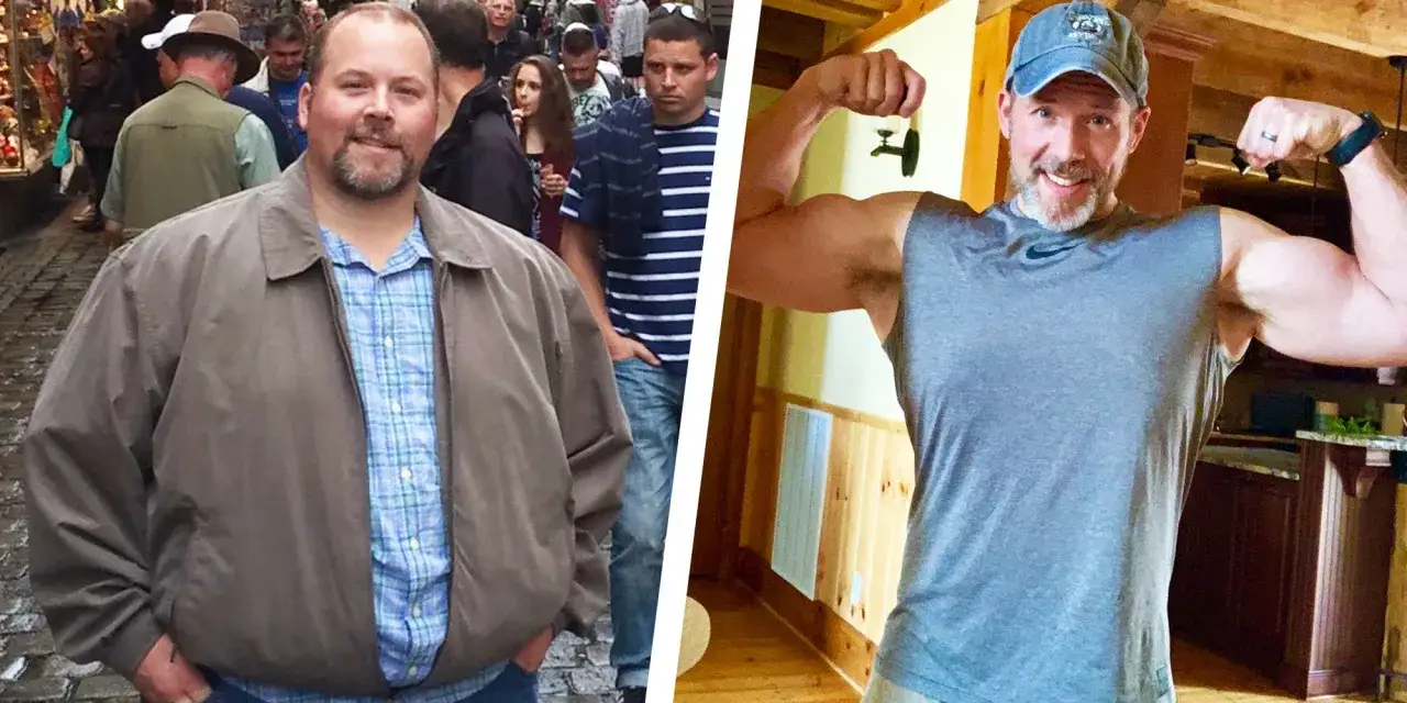 Metamorfoza mężczyzny: dieta keto przed i po. Z lewej strony mężczyzna z nadwagą, z prawej – umięśniony.
