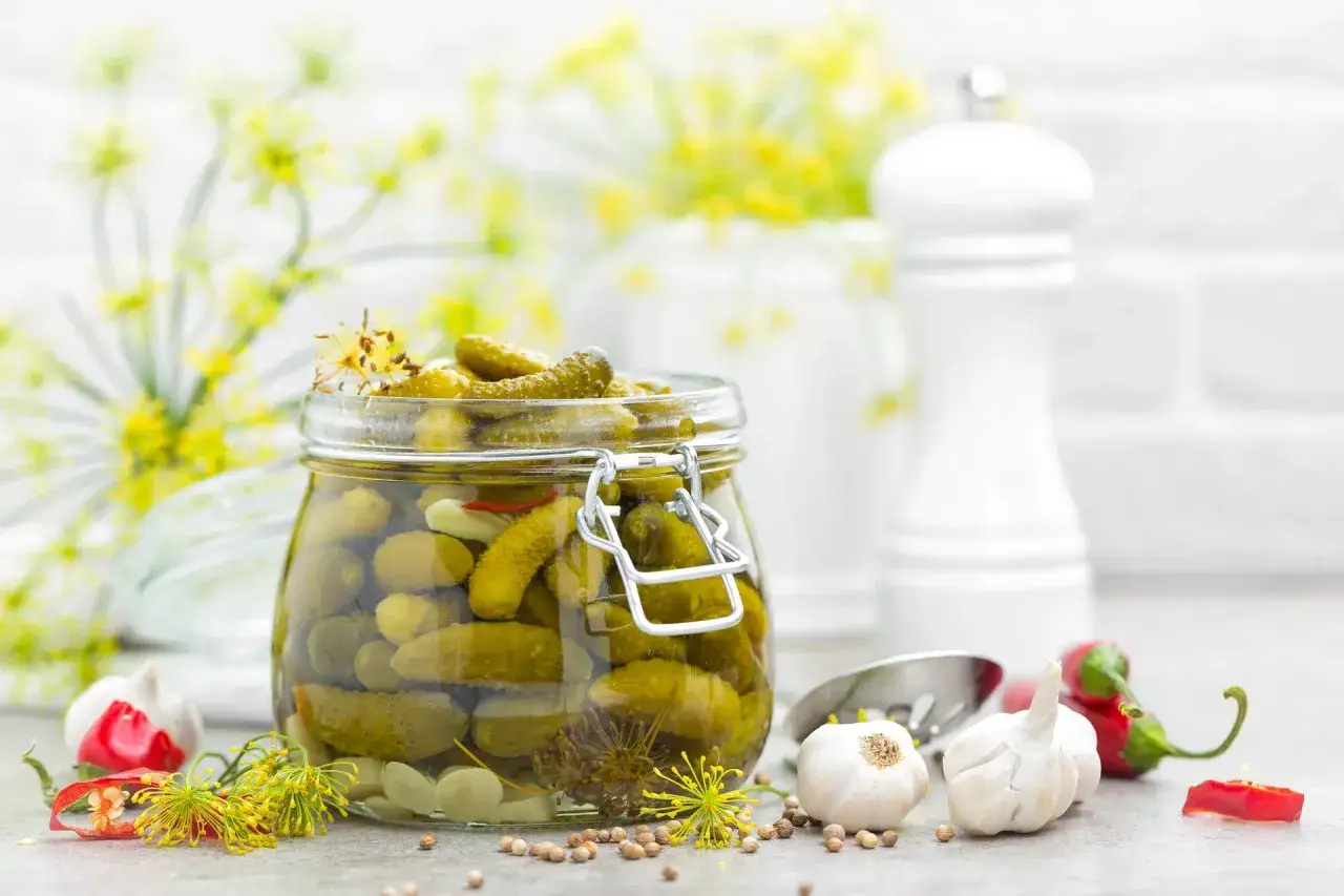 Słoik pełen kiszonych ogórków, czosnek, chili i koperek. Czy kiszonki są zdrowe? Tak, te domowe na pewno!