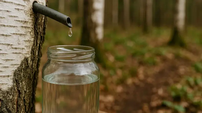 Kropla czystego soku z brzozy spływa do słoika. Wiosenna natura budzi się do życia.