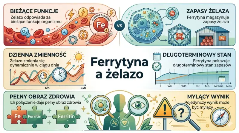 Ferrytyna co to? To białko magazynujące żelazo. Obrazek pokazuje jego rolę w bieżących funkcjach, zapasach i długoterminowym stanie organizmu.